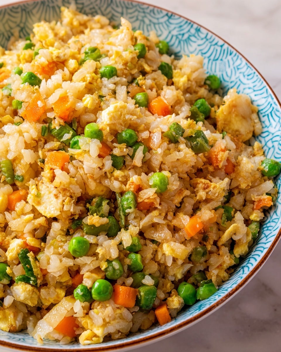 The image shows a close-up of cooked fried rice served in a white bowl with a blue pattern. The fried rice has a light golden color with visible small pieces of diced orange carrots, bright green peas, and scrambled egg chunks scattered evenly throughout. The texture looks slightly fluffy and separated, with a mix of soft and firm parts. The bowl sits on a white marbled surface that adds a clean contrast to the colors of the dish. photo taken with an iphone --ar 4:5 --v 7