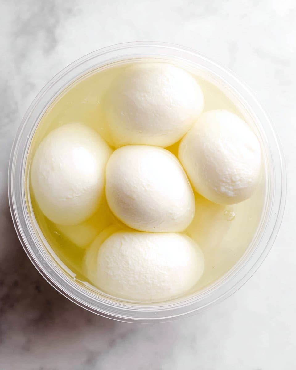 A clear round container holds six smooth, white mozzarella balls submerged in a light yellow liquid. The mozzarella balls have a soft, slightly shiny texture and are packed closely together inside the container. The container sits on a white marbled surface visible around the edges. The overall image has a clean, fresh look with soft lighting. photo taken with an iphone --ar 4:5 --v 7
