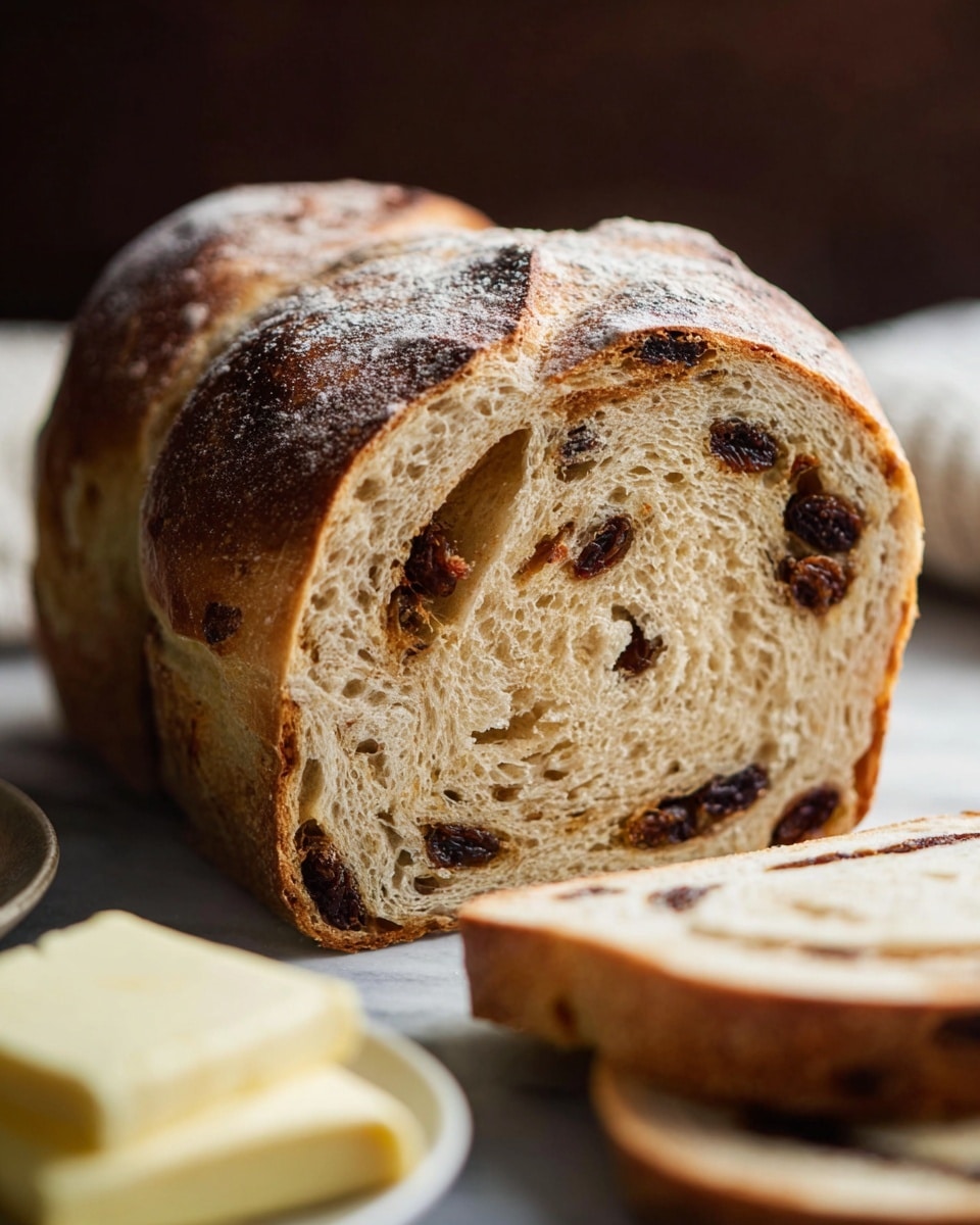 A close-up view of a loaf of bread with a golden-brown crust dusted lightly with flour on top, showing an open cross-section filled with swirled layers of dough and raisins. The inside bread texture is light tan with visible small air holes and dark raisins dotted throughout. In the foreground, there are blurred white loaf slices, and to the right, there is a white plate with stacked butter slices. The background is a soft, dark blur, and the surface is a white marbled texture photo taken with an iphone --ar 4:5 --v 7
