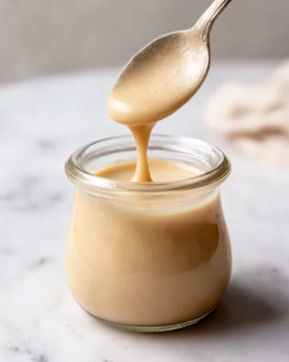 A close-up shot of a smooth, creamy beige sauce being lifted by a spoon above a clear glass jar filled with the same sauce. The sauce is thick and slowly drips back into the jar. The jar is placed on a white marbled surface, with a soft, blurred beige cloth in the background, creating a simple and clean look. photo taken with an iphone --ar 4:5 --v 7