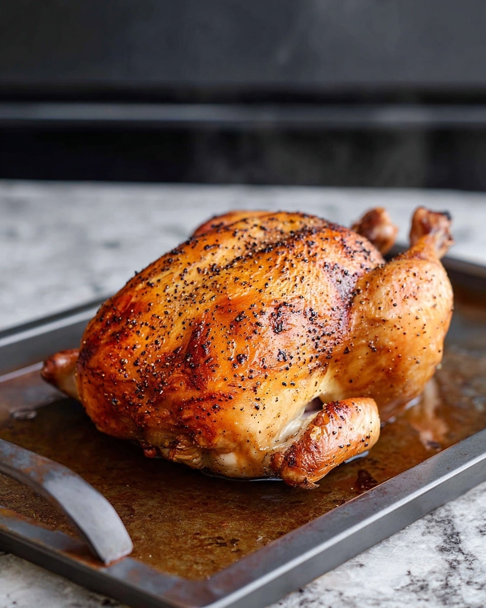 A whole cooked chicken sits on a dark metal tray, showing golden brown and crispy skin covered with black pepper spots. The chicken is plump with visible wings and legs tucked close, and the glossy surface reflects the light, showing a rich roasted texture. The tray appears slightly greasy with some oil splatters, and steam gently rises from the chicken, emphasizing its hot and fresh state. The setting includes a white marbled surface underneath and a blurred black background, giving a clean and simple look. Photo taken with an iphone --ar 4:5 --v 7