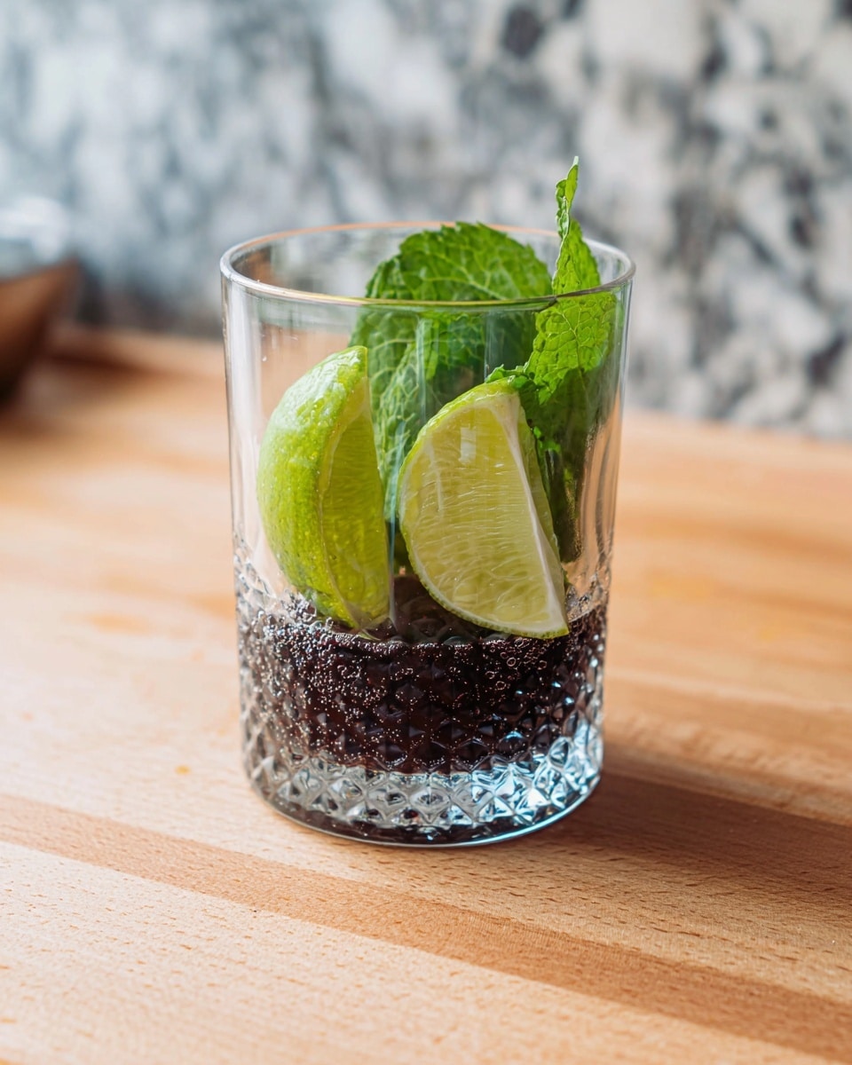 A clear textured glass holds three layers: at the bottom, a large dark blackberry with small shiny bubbles on its surface; above it, a few fresh green mint leaves with a slightly wrinkled texture; on top of the leaves, two lime wedges showing the shiny light green and yellow flesh with visible juice droplets. The glass sits on a light wooden table with a blurry white marbled texture background. Photo taken with an iphone --ar 4:5 --v 7