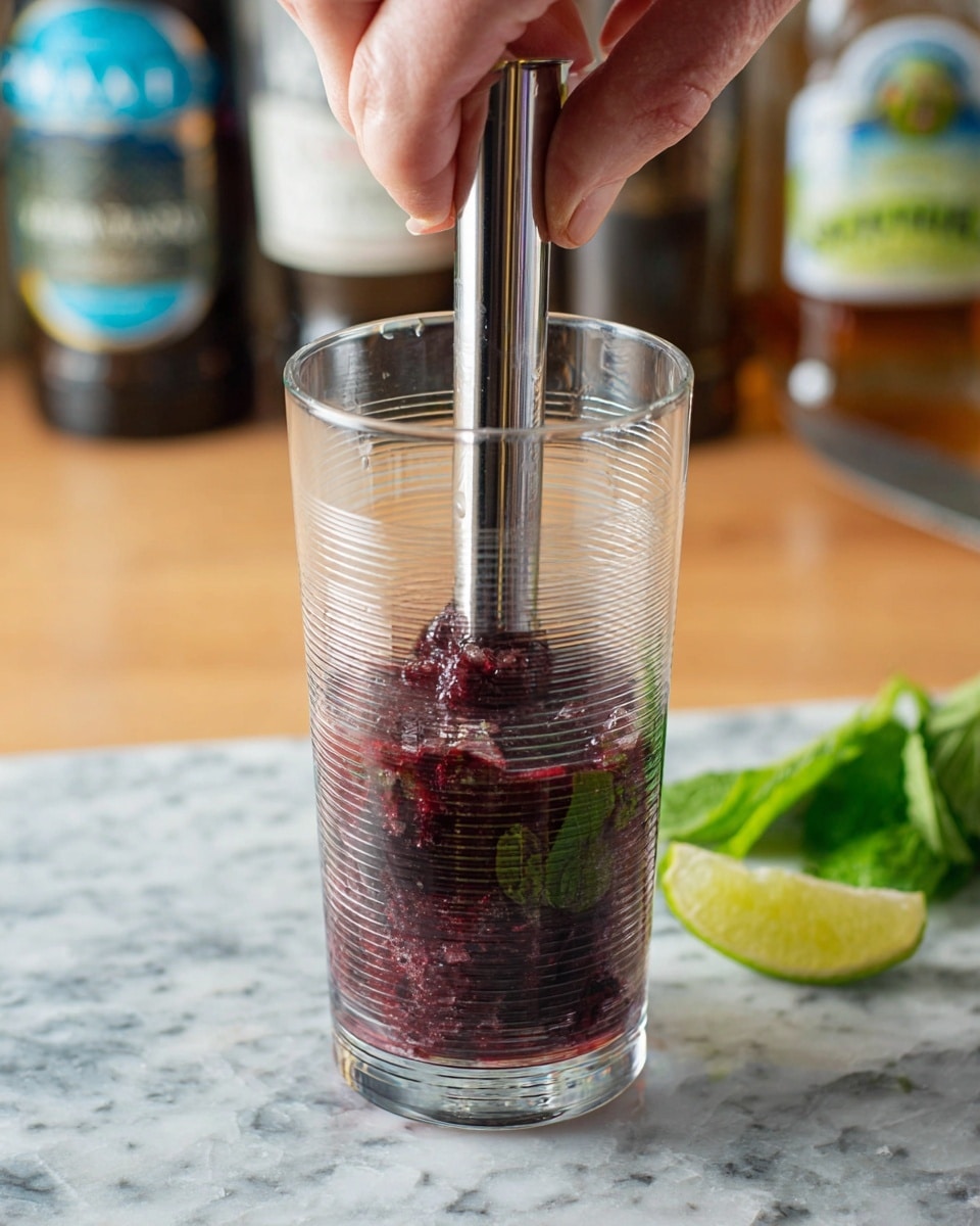 A clear tall glass contains dark purple crushed fruit and lime chunks at the bottom as the first layer. A shiny metal muddler is pressed down into the fruit while a woman's hand grips the top part inside the glass. The glass has horizontal ridges and sits on a white marbled surface. Behind the glass, there is a green mint leaf and a lime wedge on the surface, with blurred bottles in the background. photo taken with an iphone --ar 4:5 --v 7