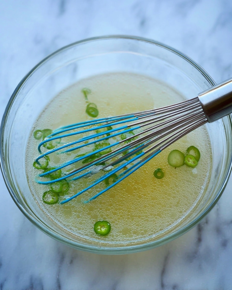 A clear glass bowl contains a light yellow liquid with small bubbles and thin round slices of green chili floating on the surface. Inside the bowl, a whisk with a shiny metal handle and bright blue silicone tips is resting, partially submerged in the liquid. The bowl is placed on a white marbled surface which adds a soft textured background to the scene. photo taken with an iphone --ar 4:5 --v 7