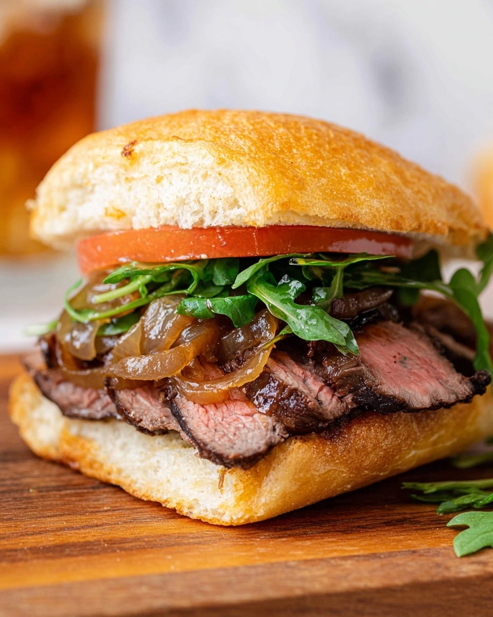 A sandwich with four main layers from top to bottom: a lightly toasted golden-brown bun with a slightly rough texture, thin slices of peppered steak with a pink center and some browned edges, caramelized onions that are soft, glossy, and amber-colored, fresh green leafy arugula with visible veins, and a thin slice of bright red tomato, all stacked between a toasted bottom bun with a similar golden-brown texture as the top. The sandwich sits on a wooden board with a white marbled background blurred out in the back. Photo taken with an iphone --ar 4:5 --v 7