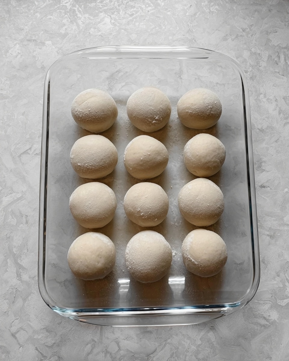 Inside a clear rectangular glass dish, twelve small round dough balls are arranged in three rows, each ball smooth and light beige in color. The dish is placed on a white marbled textured surface. The dough balls have a soft, powdery texture and are evenly spaced with enough room between them. Photo taken with an iphone --ar 4:5 --v 7