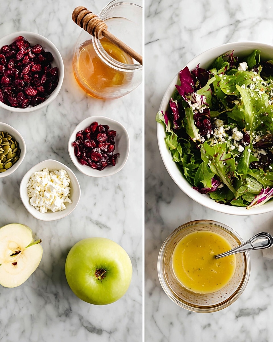 In the first image, there is a white deep bowl filled with fresh green and purple leafy salad leaves. Around it on the white marbled surface are small white bowls holding bright red dried cranberries, pale green pumpkin seeds, and white crumbled cheese, along with a whole green apple and a glass container with golden honey and a wooden dipper. In the second image, there is a close-up of the white marbled surface showing a green apple, white bowl with red dried cranberries, a white bowl with crumbled cheese, and a small glass jar of yellow salad dressing with a metal spoon inside, all neatly arranged. photo taken with an iphone --ar 4:5 --v 7