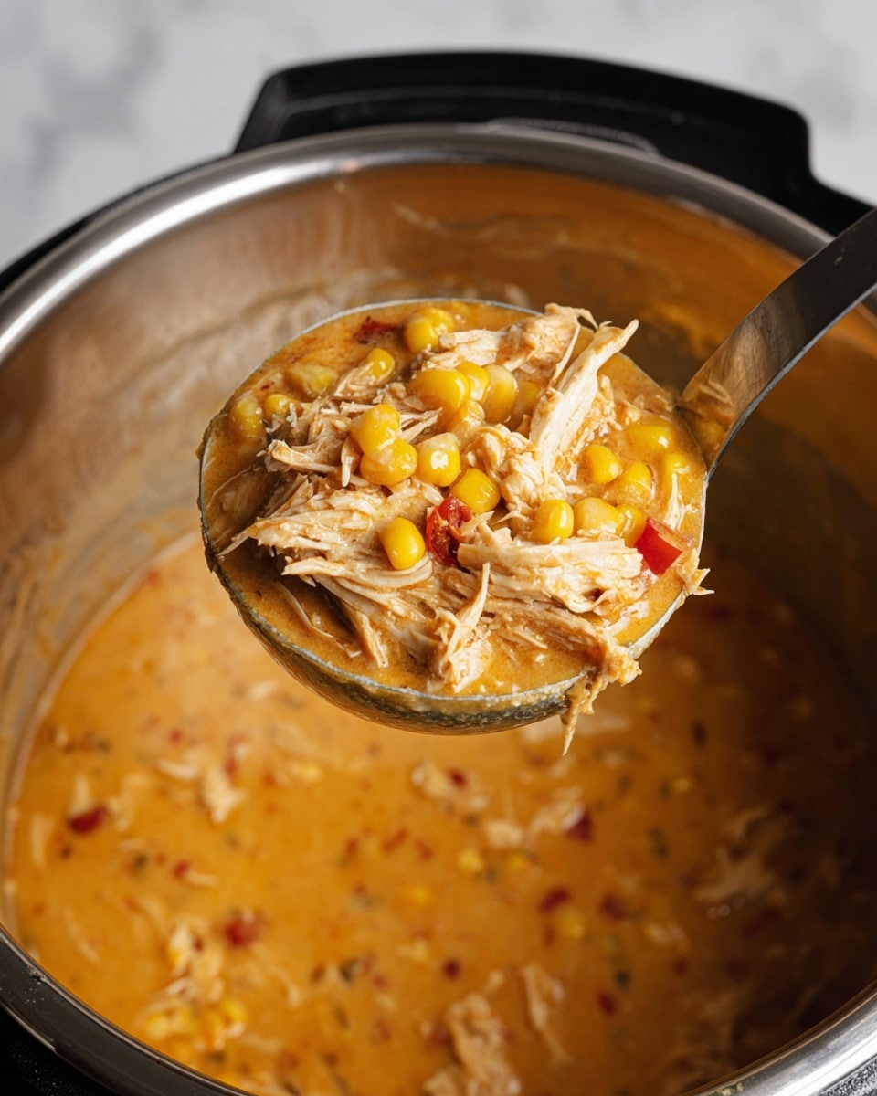 A close-up view of shredded light brown chicken mixed with bright yellow corn kernels and small bits of red chili all coated in a creamy light orange sauce, held in a large silver ladle above a pot filled with the same thick mixture. The pot's inside is metallic and it sits against a white marbled background. photo taken with an iphone --ar 4:5 --v 7