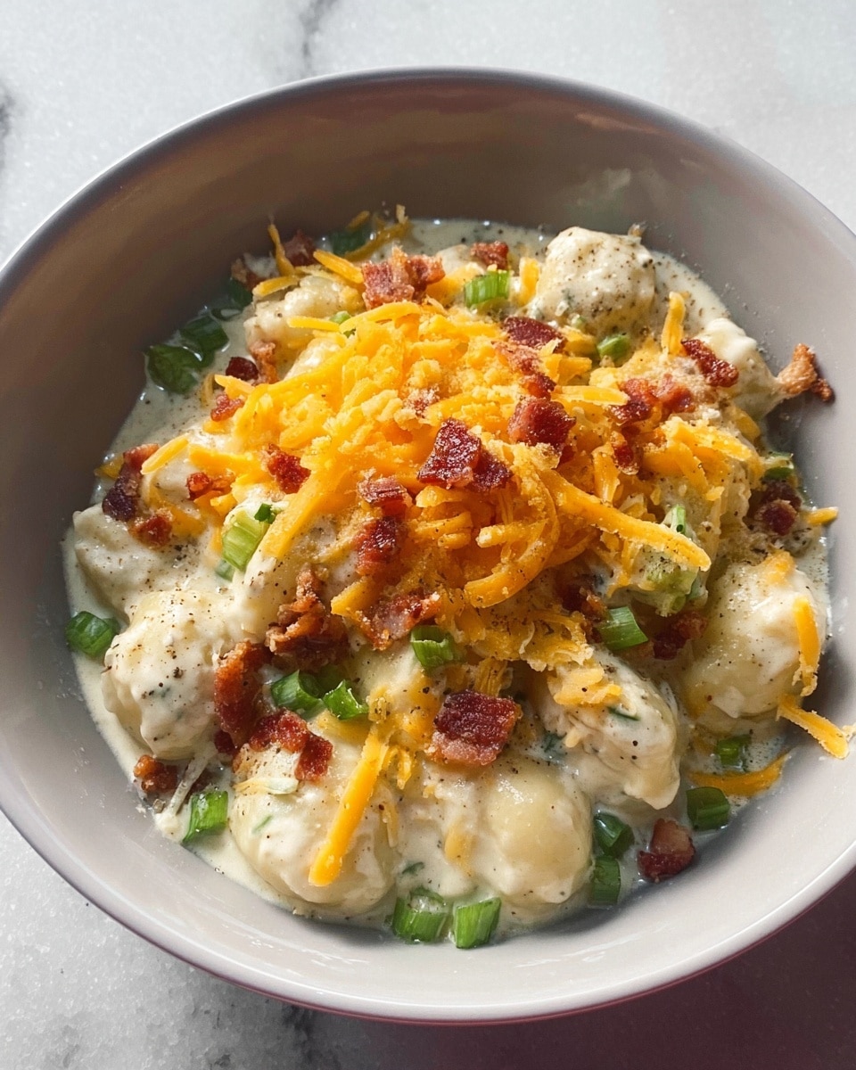 The image shows a white bowl filled with round pasta balls covered in a creamy white sauce. On top, there is a thick layer of shredded bright orange cheddar cheese. Scattered over the cheese are small green onion pieces and crispy bits of bacon. The bowl is placed on a white marbled surface. The lighting is soft and natural, highlighting the creamy texture of the sauce and the fresh look of the toppings photo taken with an iphone --ar 4:5 --v 7