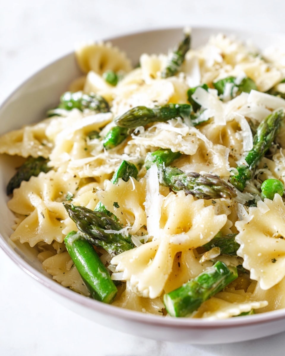 A close-up view of a pasta dish in a white bowl sitting on a white marbled surface, showing one layer of bow-tie pasta that is light yellow and soft in texture mixed with bright green asparagus pieces. The asparagus is cut into medium-sized chunks that stand out with a fresh, crisp texture. The whole dish is topped lightly with small, thin shreds of white cheese and a little sprinkle of black pepper, giving a slightly rough texture on top. Photo taken with an iphone --ar 4:5 --v 7