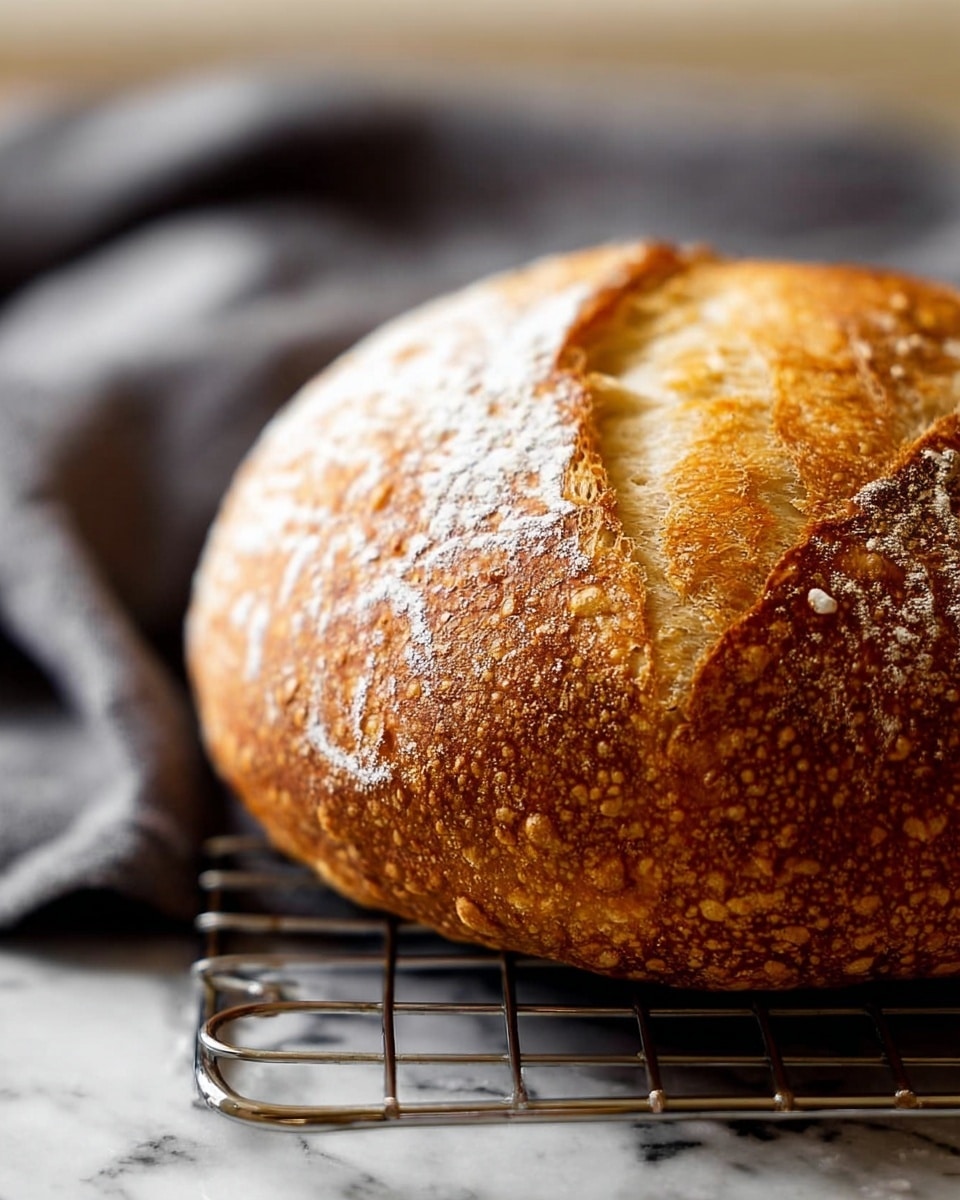 A close-up view of a round loaf of bread with a deep golden-brown crust and a split at the top showing the soft interior. The crust has a rough texture with small bubbles and a few cracks. The bread rests on a metal cooling rack on a white marbled surface, with a grey cloth blurred softly in the background. Photo taken with an iphone --ar 4:5 --v 7