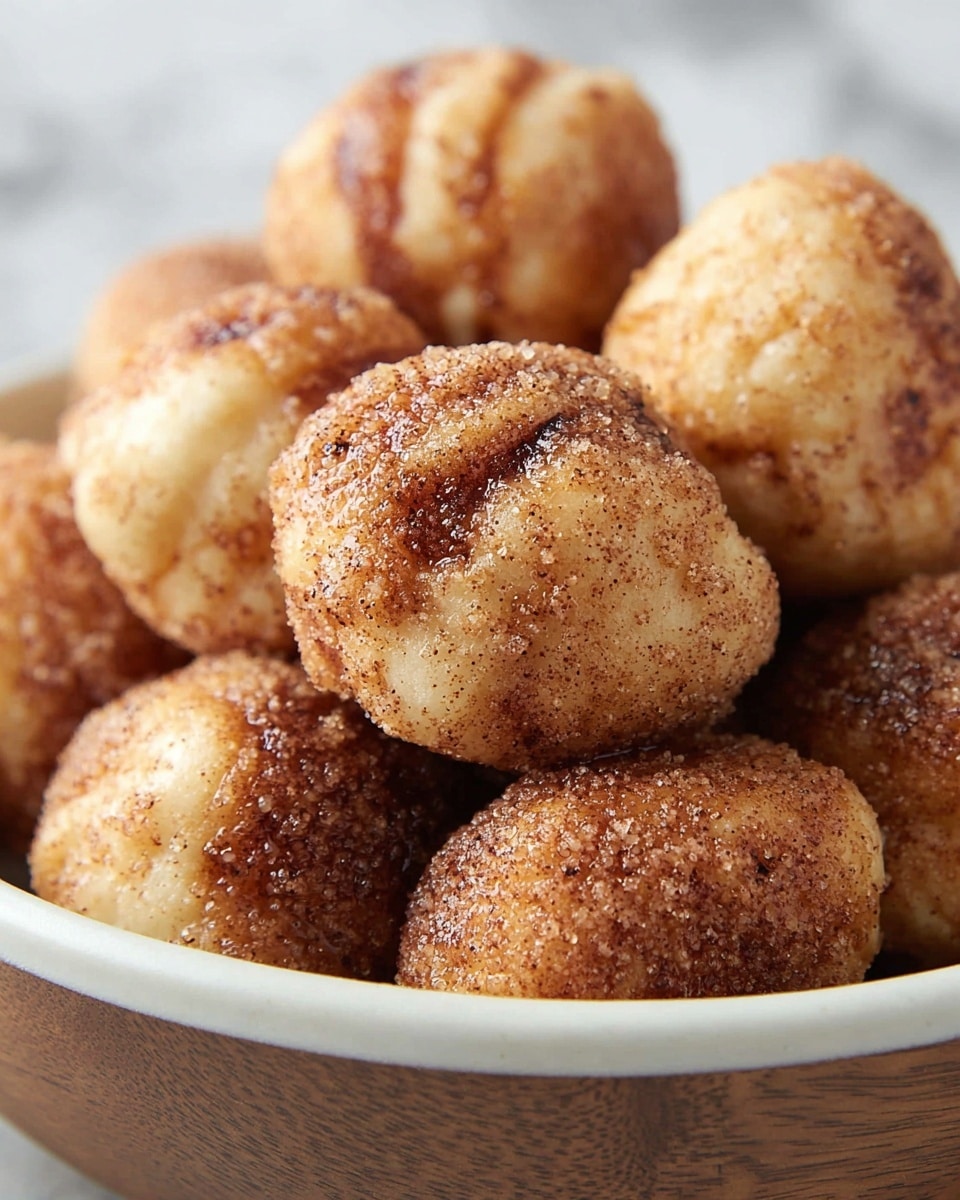 A close-up image shows a pile of small, round dough balls coated generously with a cinnamon sugar mixture. The dough balls have a golden color with dark cinnamon specks and a slightly textured surface, indicating light crispiness. They are stacked closely in a white bowl, and the background features a white marbled texture. The focus is on the front dough balls, showing a glossy cinnamon sugar layer with some small granules visible, creating a rich, warm look photo taken with an iphone --ar 4:5 --v 7