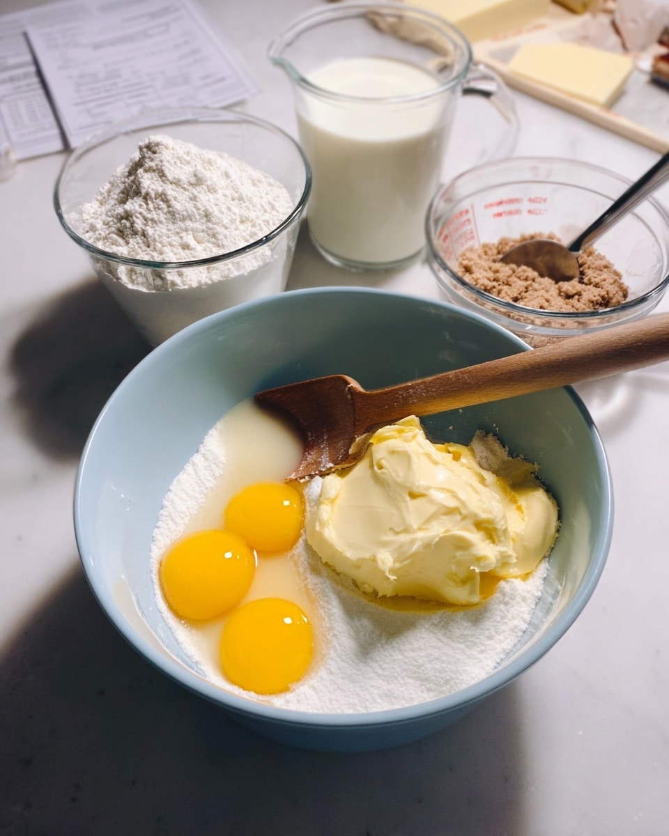 A light blue mixing bowl holds several ingredients layered together: a base of white sugar at the bottom, topped with two bright yellow egg yolks on the left side and a large dollop of pale yellow butter on the right side, partially covering the sugar. A wooden spoon rests inside the bowl, slightly lifting some of the butter. Behind the bowl, on a white marbled surface, there are three glass measuring cups; one filled with white flour, another with white milk, and a smaller bowl containing a brown, granular mix with a silver spoon inside. The whole scene is set on a clean white marbled background, with some kitchen tools and papers blurred in the top corner. photo taken with an iphone --ar 4:5 --v 7