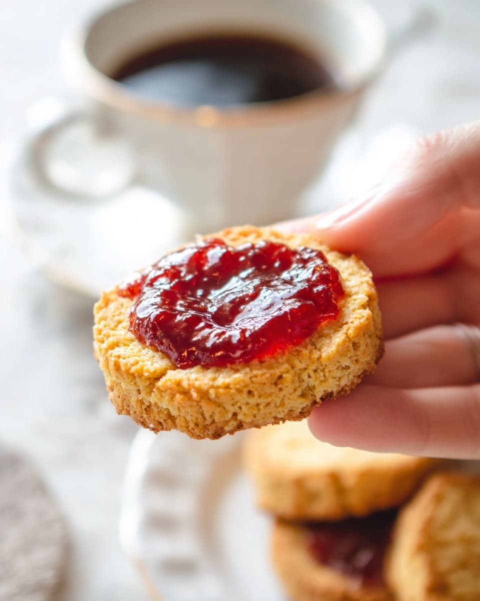 A close-up of a woman's hand holding a small round golden biscuit with a rough crumbly texture, topped with a shiny layer of deep red jam spread unevenly on the top. In the background on a white marbled surface, there is a blurred white cup with dark coffee and a matching white plate with another biscuit, both out of focus. The bright soft light highlights the biscuit's texture and the glossiness of the jam photo taken with an iphone --ar 4:5 --v 7