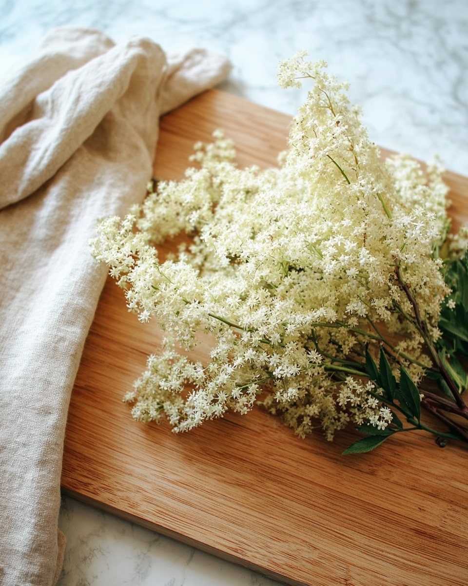 The image shows a cluster of delicate, small cream-colored flowers with tiny star-shaped petals arranged in a dense, lacy pattern attached to green stems and leaves. The flowers rest on a wooden cutting board with warm brown tones and natural wood grain visible below them. To the left side of the frame, a beige cloth with soft folds is partially draped over the board. The background is a white marbled texture. photo taken with an iphone --ar 4:5 --v 7