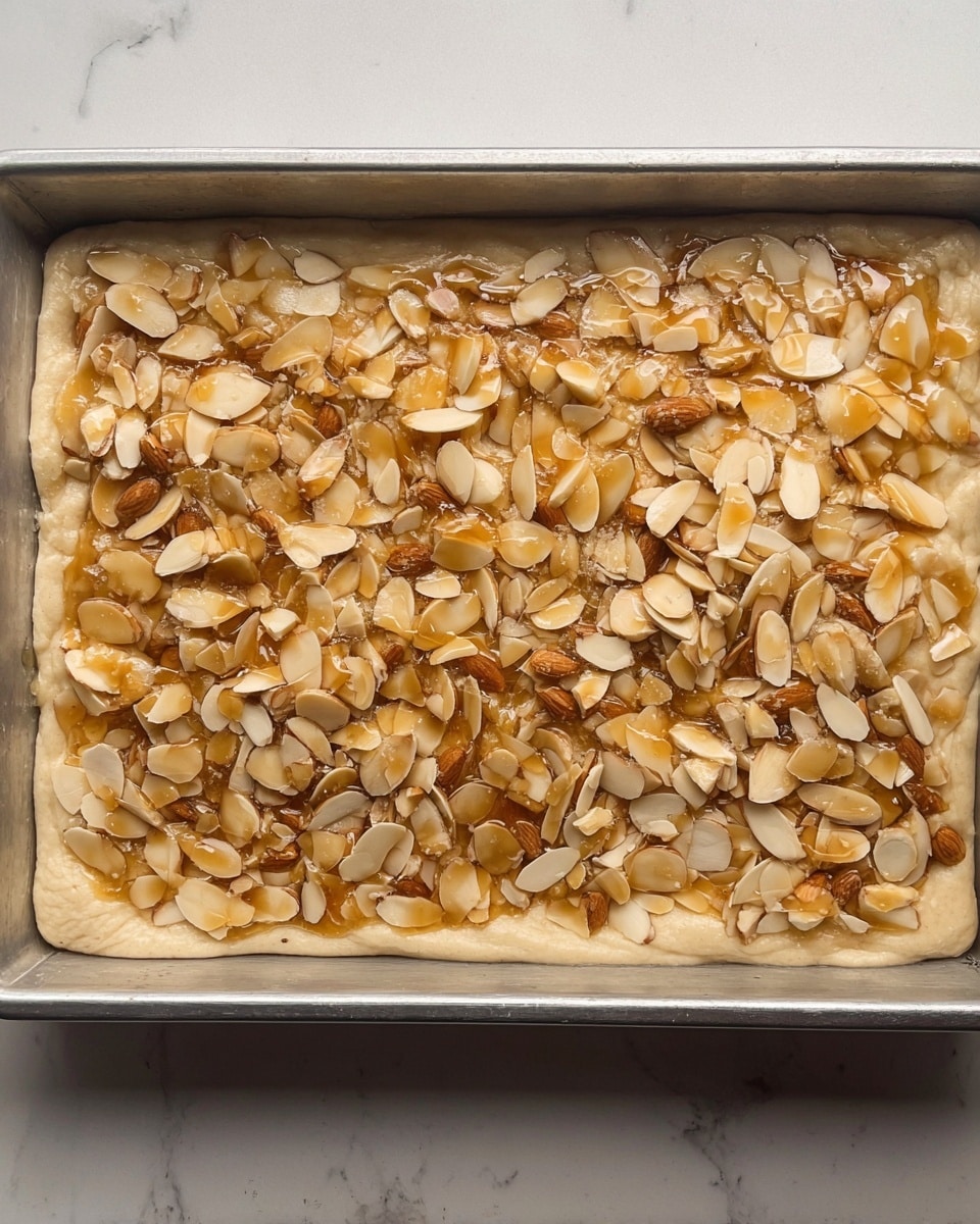 A rectangular metal pan holds a thick layer of light beige dough stretched to the edges. The dough is covered fully with a dense layer of sliced almonds that are light brown and creamy white, showing a variety of almond textures. Drizzled over the almond layer is a shiny golden syrup that reflects light, giving a glistening effect. The pan rests on a white marbled surface, showing some slight shadows underneath. The overall look is textured and rich with warm pale colors. photo taken with an iphone --ar 4:5 --v 7