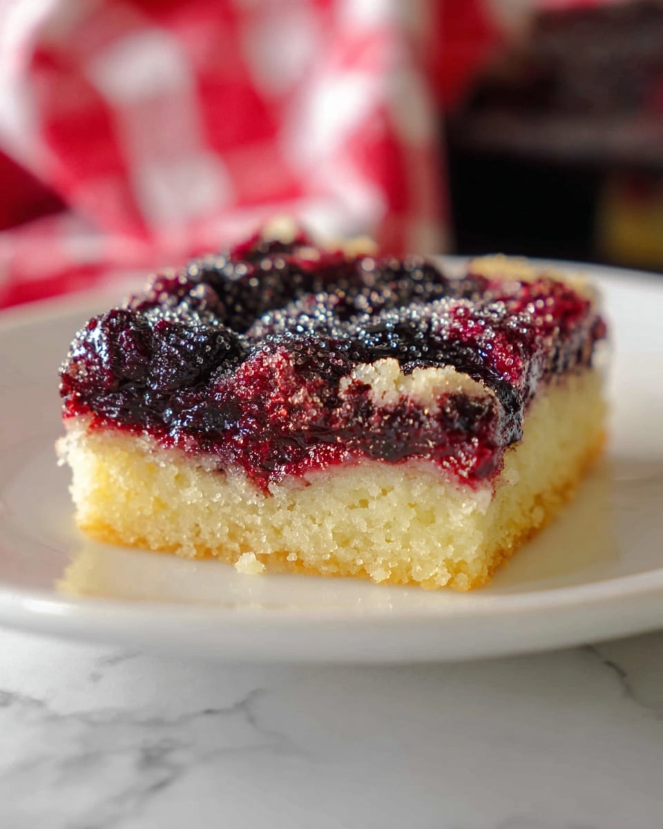 A square slice of dessert with two clear layers sits on a white plate over a white marbled texture. The bottom layer is a light golden yellow, looking soft and crumbly like cake. The top layer is thick and rich with dark red and black berries, glossy and textured with bits of fruit giving it a slightly uneven surface. Some sugar or glaze sparkles lightly on the berry layer, adding a shiny effect. In the background, a red and white checkered cloth is softly blurred. Photo taken with an iphone --ar 4:5 --v 7