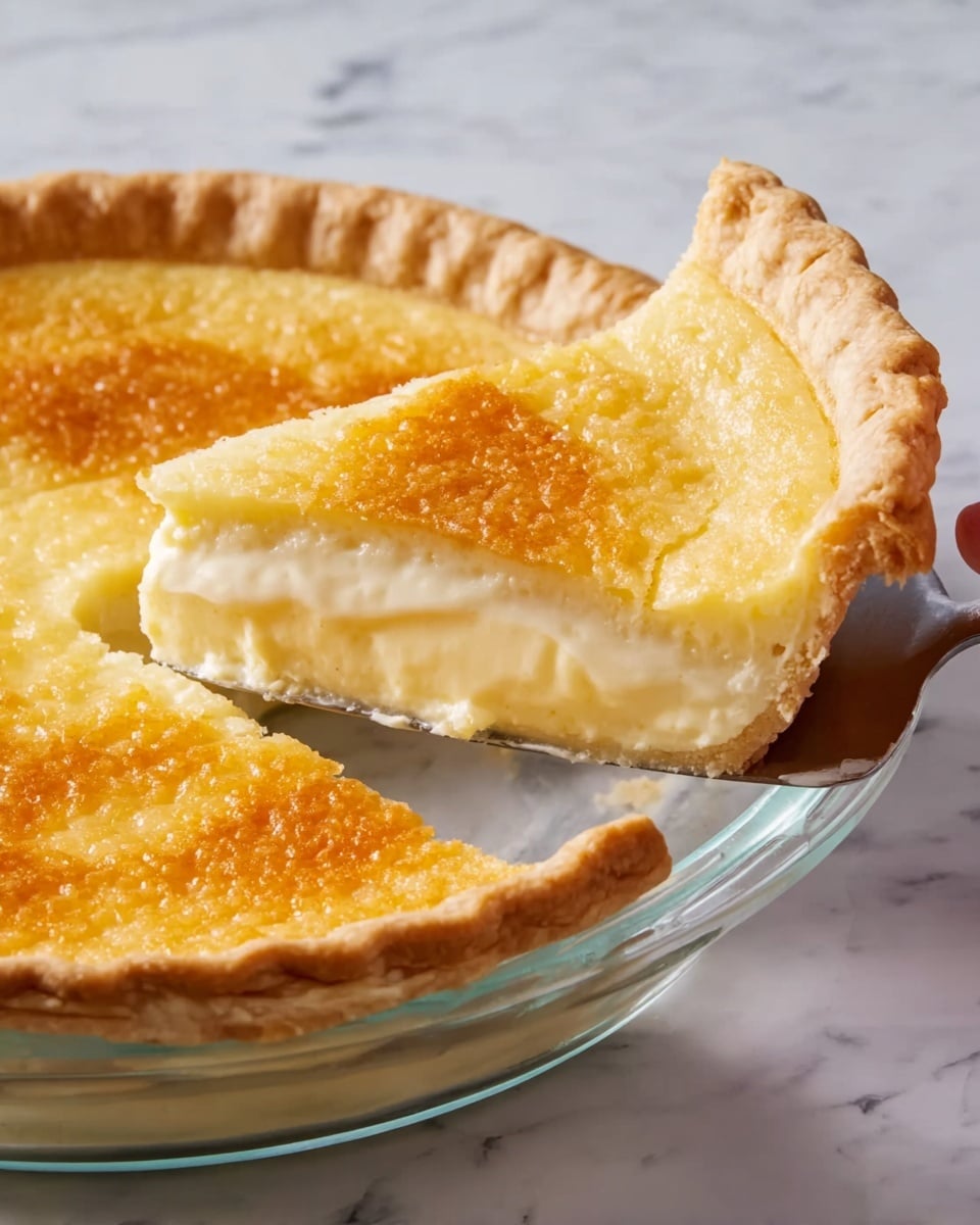 The image shows two slices of creamy custard pie, each slice placed on a round white plate. The pie has a thick, golden-brown top layer with a smooth, pale yellow creamy filling beneath it. The crust is light and flaky with a wavy edge raised above the filling. One slice is in the foreground with part of the filling scooped onto a silver fork resting on the plate, while the other slice is in the background on another white plate. The plates sit on a white marbled surface. In the back, there is a pie dish with the remaining pie and a spoon inside. photo taken with an iphone --ar 4:5 --v 7