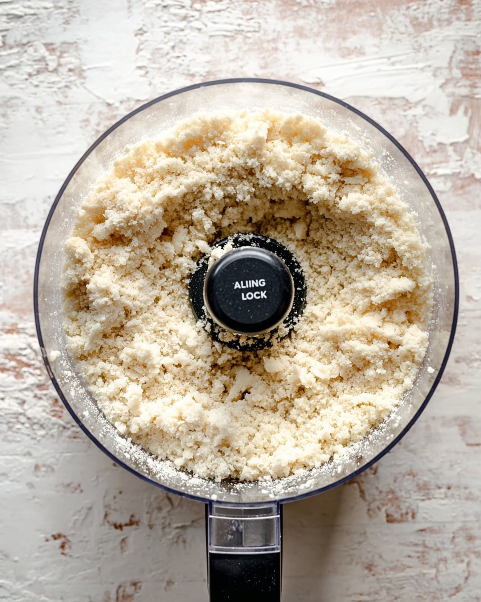A clear food processor bowl filled with a pale, crumbly mixture with small and medium grainy chunks, showing a rough texture throughout; the bowl sits on a rustic white marbled surface that appears slightly worn and aged, with the black handle of the processor visible in the foreground, marked with white
