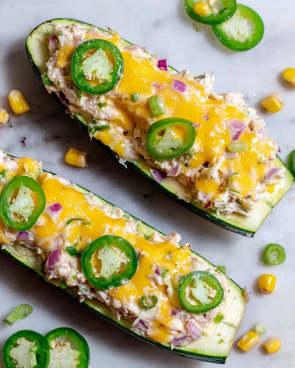 Two zucchini halves lie on a white marbled surface, each hollowed and filled with a creamy chicken salad mixed with small pieces of red onion and celery. The chicken salad layer is topped with melted bright yellow cheddar cheese that covers most of the filling. Thin slices of green jalapeño peppers are placed on the cheese and around the zucchinis, along with a few scattered corn kernels for color. The zucchini skin is dark green and glossy, contrasting with the light green inner flesh. photo taken with an iphone --ar 4:5 --v 7