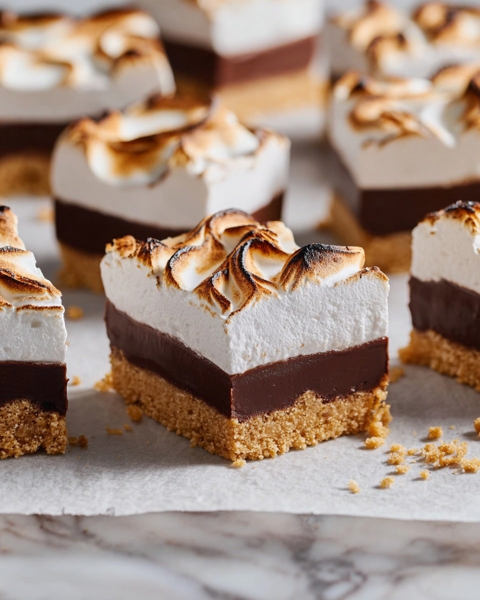 The image shows several square dessert bars arranged on white parchment paper over a white marbled surface. Each bar has three layers: a bottom layer of golden brown, crumbly crust; a middle layer of smooth, dark chocolate ganache; and a top layer of thick, white toasted marshmallow with lightly browned peaks and swirls. The bars are cut evenly, with the layers clearly visible, and some crumbs scattered around them. The focus is on the front bars, with others softly blurred in the background. Photo taken with an iphone --ar 4:5 --v 7