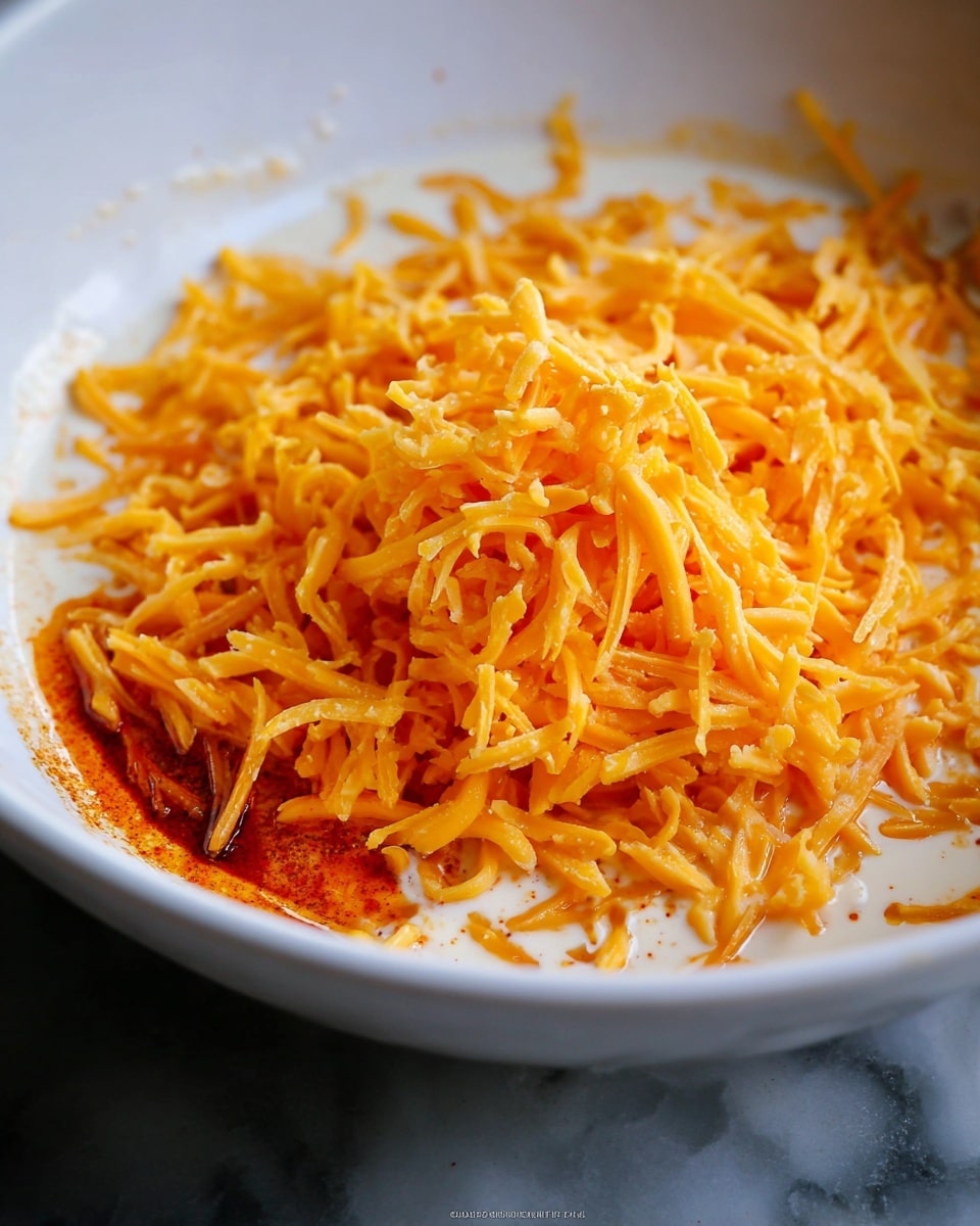 A close-up image of a white bowl filled with a creamy white mixture as the base layer, topped with a generous heap of finely shredded orange-yellow cheese that creates a rough texture with thin strands and small chunks standing upright and scattered; a small amount of reddish sauce is pooled on one side at the bottom layer beneath the cheese, all set on a white marbled surface. photo taken with an iphone --ar 4:5 --v 7