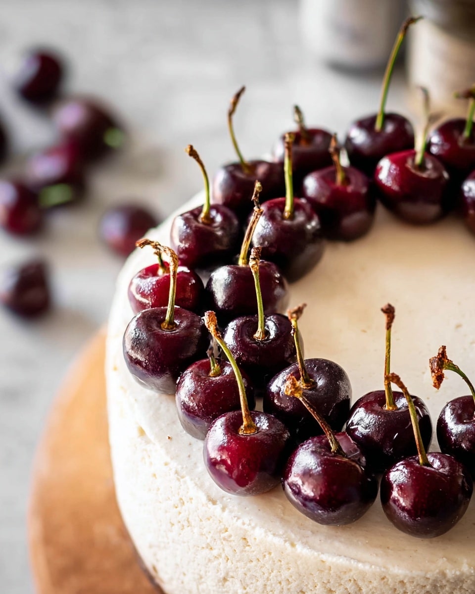 A close-up of a white cheesecake with a smooth, creamy off-white top layer and a slightly rough edge. On this top layer, there is a neat ring of dark red cherries with greenish-brown stems, arranged closely together near the edge of the cheesecake. The background shows a blurred white marbled texture surface with some small jars out of focus. The lighting is natural and soft, highlighting the shine on the cherries. Photo taken with an iphone --ar 4:5 --v 7