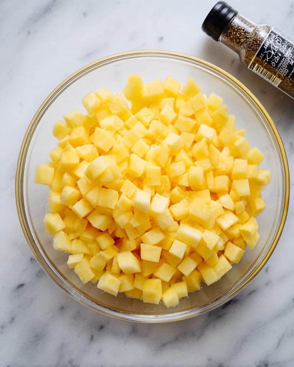 A clear glass bowl filled with small, evenly diced yellow pieces of fruit or vegetable, sitting on a white marbled surface. To the top right of the bowl, there is a bottle of black pepper lying on its side. The diced pieces have a smooth texture and a uniform size, filling the bowl almost to the rim. photo taken with an iphone --ar 4:5 --v 7