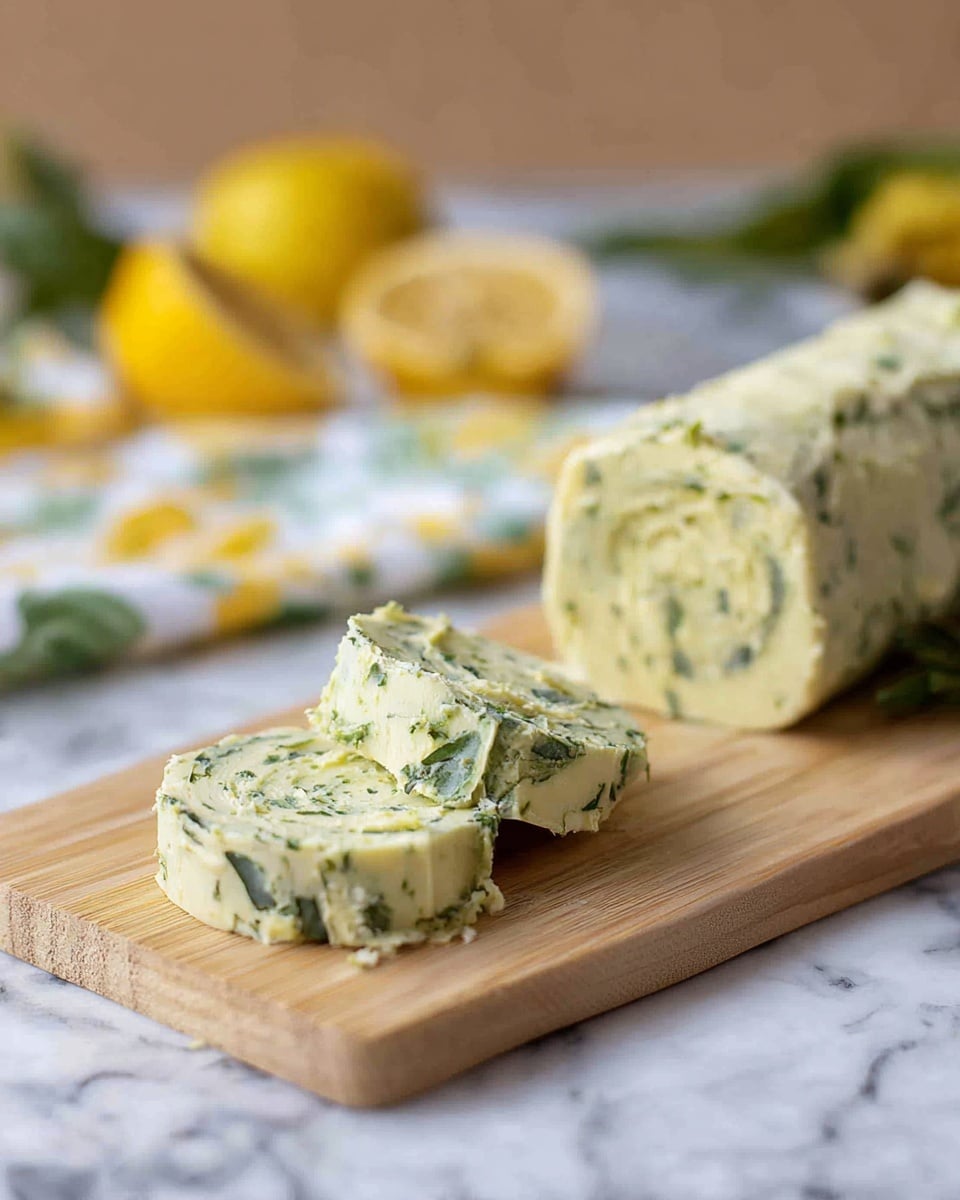 The image shows a roll of herb butter on a light wooden board. The butter is pale yellow mixed with green herb pieces, giving it a speckled look. Two thin slices are cut from the roll and placed in front, showing the layered texture and green herbs throughout. In the background, there are some yellow lemon and a white cloth with green and yellow patterns, all on a white marbled surface. The whole scene is softly lit, with a warm and natural feel. Photo taken with an iphone --ar 4:5 --v 7