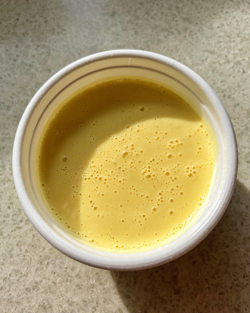 A white small bowl filled with smooth, creamy yellow custard-like mixture with tiny bubbles on the surface, placed on a white marbled texture surface, the edges of the bowl are clean and the lighting shows a slight shine on the liquid. photo taken with an iphone --ar 4:5 --v 7