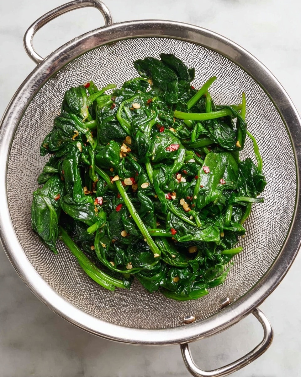 A silver metal mesh strainer holds cooked spinach with tiny pieces of light beige garlic and small red chili flakes mixed in. The spinach is dark green, wilted, and shiny with moisture, with visible stems and curled leaves placed evenly inside the strainer. The strainer sits on a white marbled surface, showing its fine grid pattern and two side handles. photo taken with an iphone --ar 4:5 --v 7