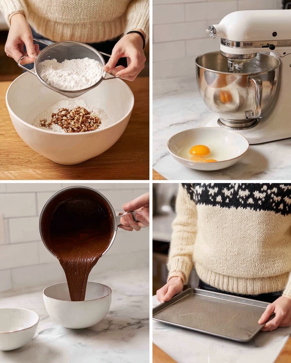 The image shows four steps of baking. In the first step, a woman's hand is sifting a mix of white flour and brown nuts into a large white bowl on a wooden surface. The second step shows a woman's hands cracking an egg into a metal mixing bowl attached to a white stand mixer on a white marbled surface, with a small white bowl nearby. The third step captures thick, dark brown batter being poured from a metal pot onto a shiny silver baking tray placed on a white marbled surface. The final step shows a person wearing a cream sweater with a black pattern holding a closed silver baking tray on a white marbled surface. photo taken with an iphone --ar 4:5 --v 7