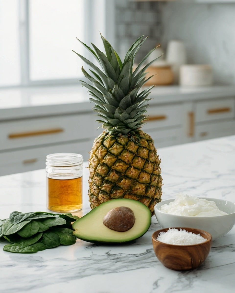A whole pineapple stands upright on a white marbled surface next to a halved avocado showing its green flesh and large brown seed in the center, a small pile of fresh dark green spinach leaves lies beside a small clear glass jar filled with light brown honey, a white bowl filled with thick white yogurt and a small wooden bowl holding white shredded coconut complete the setup, all placed in a bright kitchen with white cabinets and gold handles in the background, photo taken with an iphone --ar 4:5 --v 7