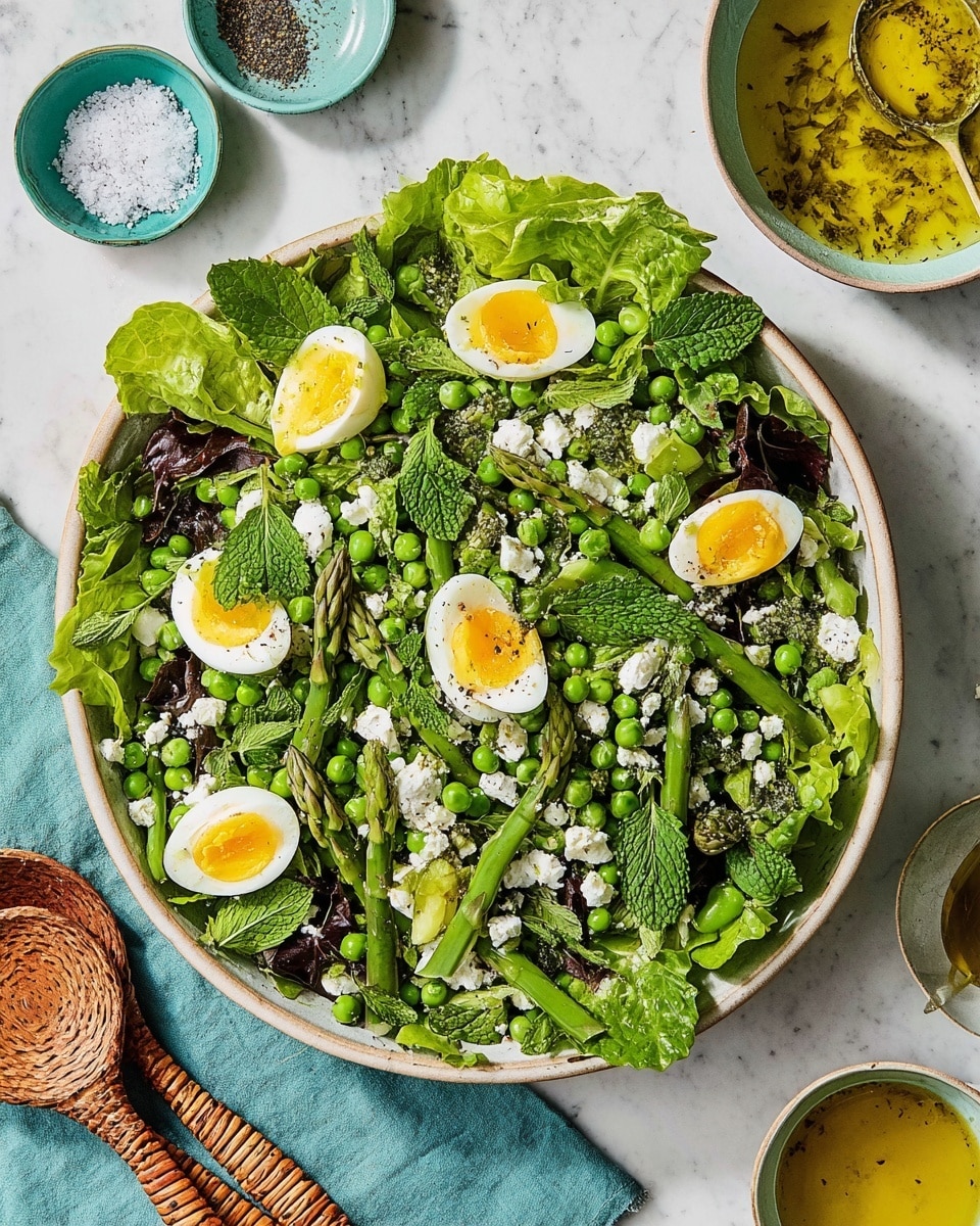 A large white bowl sits on a white marbled surface filled with a bright green salad. The bottom layer is fresh green lettuce leaves topped with green asparagus, peas, and snap peas spread evenly. There are halved boiled eggs with firm yellow yolks arranged on top. White crumbled cheese is sprinkled over the salad, along with fresh mint leaves adding a touch of green contrast. Around the bowl are three small bowls holding white salt, black pepper, and a yellow herb dressing with visible herbs. Two wooden spoons with woven handles sit next to the bowl. Photo taken with an iphone --ar 4:5 --v 7