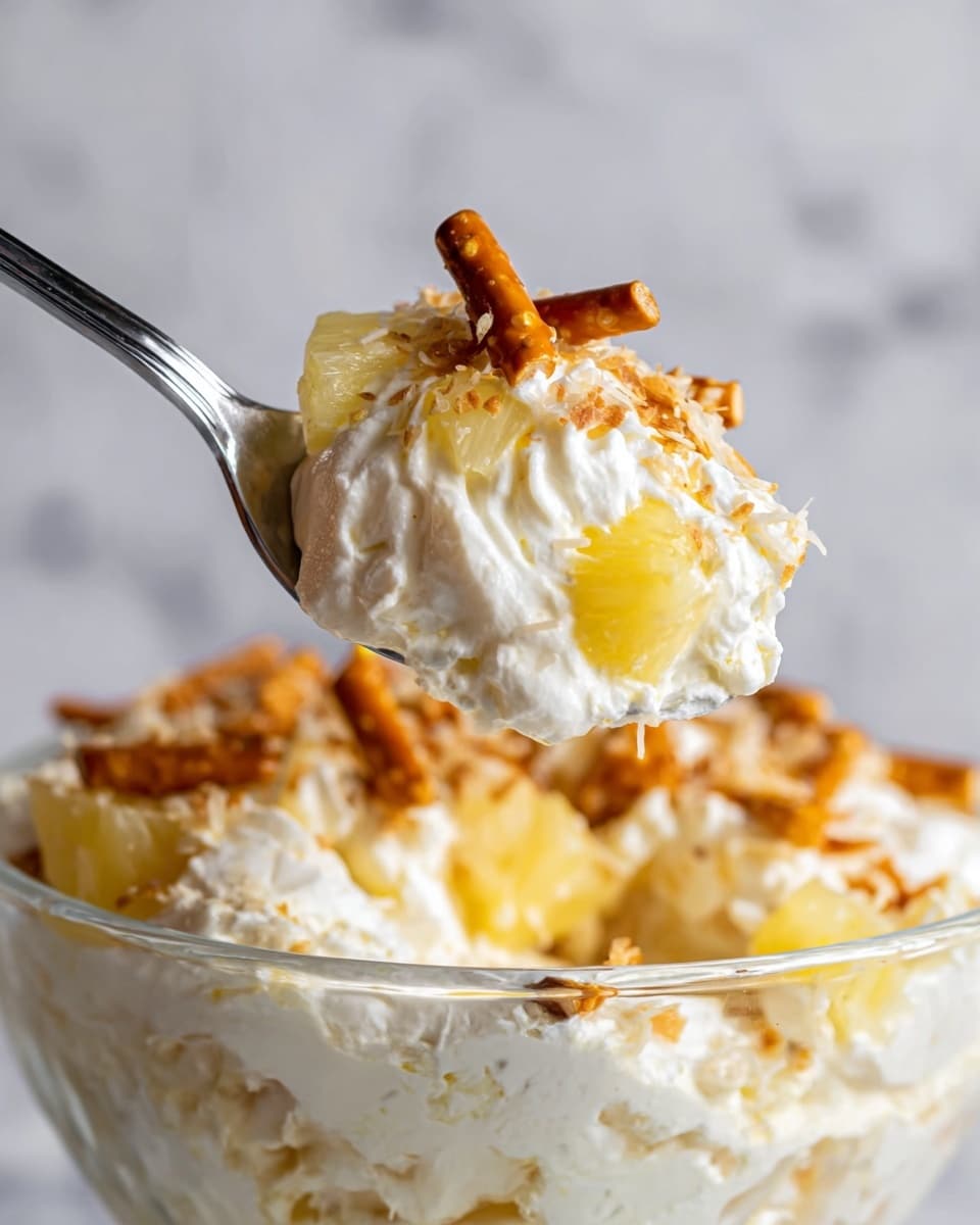 A close-up of a spoonful showing a creamy dessert with visible layers of light, fluffy white cream mixed with yellow pineapple chunks and topped with small golden-brown pretzel sticks scattered throughout. The spoon is shiny metal, holding a scoop from a clear glass bowl filled with the same creamy, pineapple, and pretzel mix. The background has a white marbled texture. photo taken with an iphone --ar 4:5 --v 7