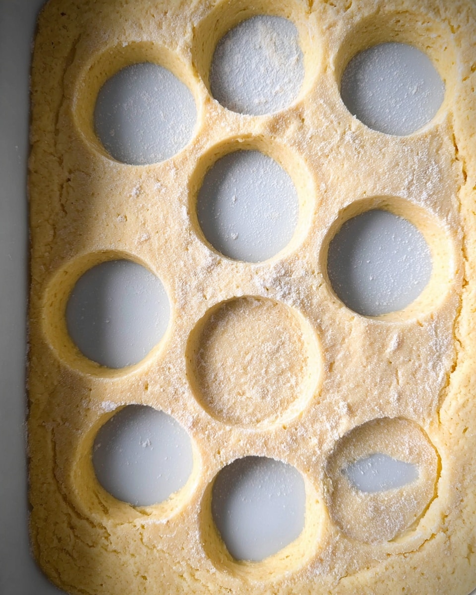 A light yellow dough with a soft, slightly grainy texture is spread evenly in a shallow white container. On the dough surface, there are nine circular shapes outlined in white flour, with three circles completely cut out showing the bottom of the white container. The circles are arranged in a rough grid pattern, each about the size of a cookie cutter mark. The white marbled texture is visible around the top edge of the container. photo taken with an iphone --ar 4:5 --v 7
