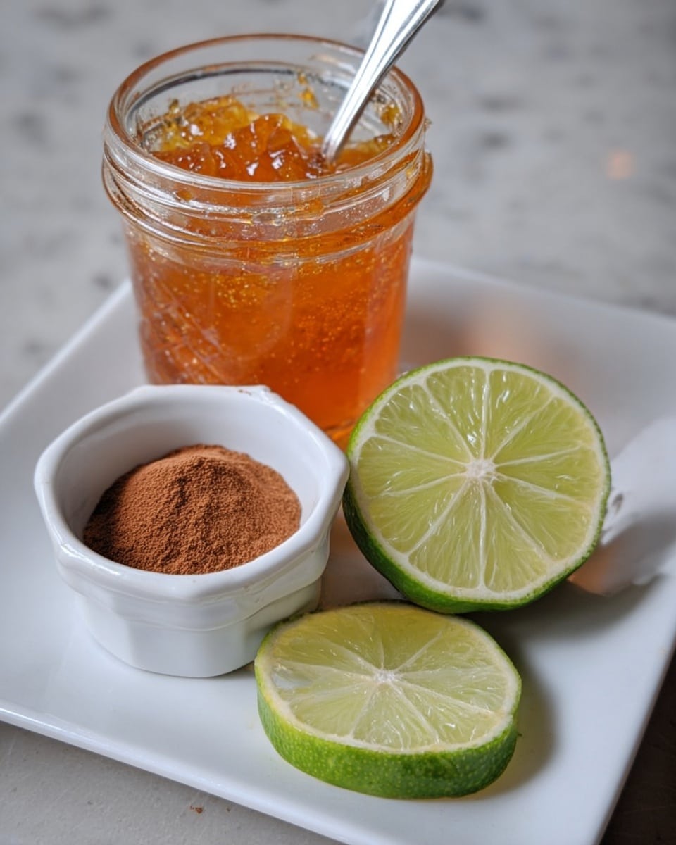 A white square plate with a clear glass jar filled with orange jam, showing visible chunks inside and a spoon resting in it. In front of the jar is a small white ceramic cup holding brown powder. Next to the cup are two lime pieces: one half slice showing the juicy green interior and another quarter slice standing upright. The plate is on a white marbled surface. photo taken with an iphone --ar 4:5 --v 7