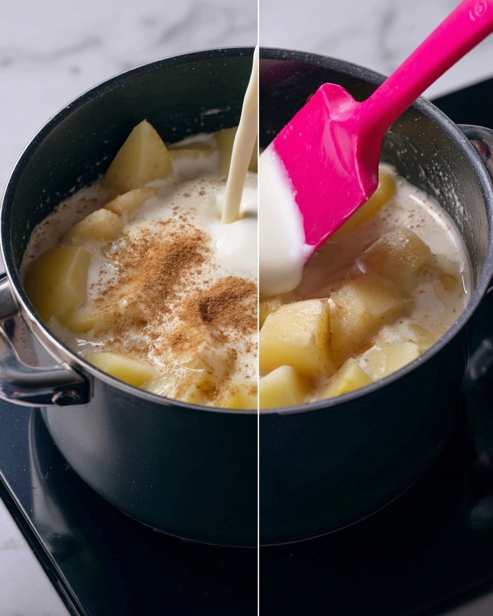 The image shows a black pot on a stove with a layer of peeled potato pieces at the bottom, which are a pale yellow color with a smooth texture. On top of the potatoes, there is a sprinkling of light brown spices. A white liquid, likely milk or cream, is being poured over the potatoes and spices, filling the pot about halfway. In the next frame, a bright pink spatula is stirring the mixture, blending the white creamy liquid and spices around the potatoes. The pot's surface and stove have a clean, modern look, with the background changed to a white marbled texture. photo taken with an iphone --ar 4:5 --v 7