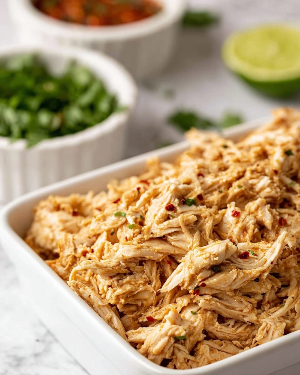A close-up image of shredded cooked chicken inside a shiny metal pot with measurement marks on the outside. The chicken is light brown with some darker brown pieces mixed in, showing a fibrous texture. Silver tongs hold a portion of the shredded chicken above the rest inside the pot. The surface underneath the pot is a white marbled texture. Photo taken with an iphone --ar 4:5 --v 7
