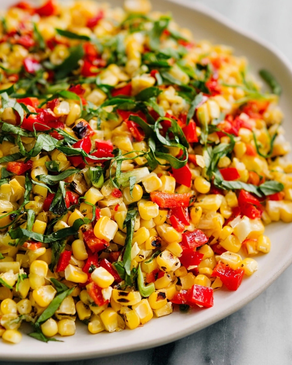 A close-up view of a colorful corn salad featuring three visible layers mixed together: bright yellow grilled corn kernels with small char marks, diced red bell peppers adding vibrant red chunks, and thin green strips of fresh herbs scattered throughout the salad. The textures vary from the slightly shiny and soft appearance of the corn to the crisp surface of the peppers and the delicate leafy strands of the herbs. The salad is served on a large white plate set on a white marbled surface. photo taken with an iphone --ar 4:5 --v 7