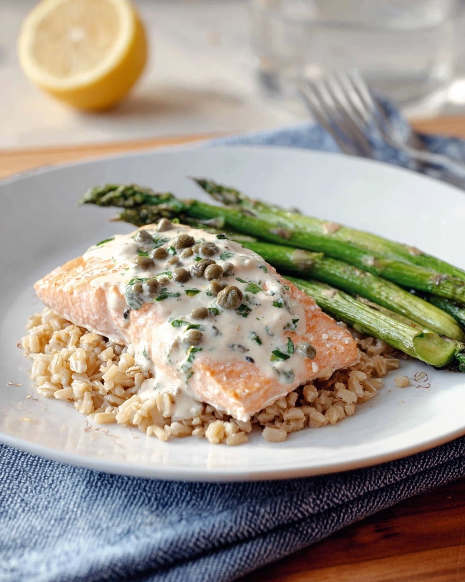 A white plate holds a meal with three main layers: at the bottom is a base of light brown cooked grains forming a small mound; on top lies a piece of pink salmon covered in a creamy white sauce dotted with small green capers and herbs; beside the salmon are several green asparagus spears placed neatly. The plate is set on a blue and white cloth over a wooden table, and the background shows a blurred lemon half, all set against a white marbled texture photo taken with an iphone --ar 4:5 --v 7