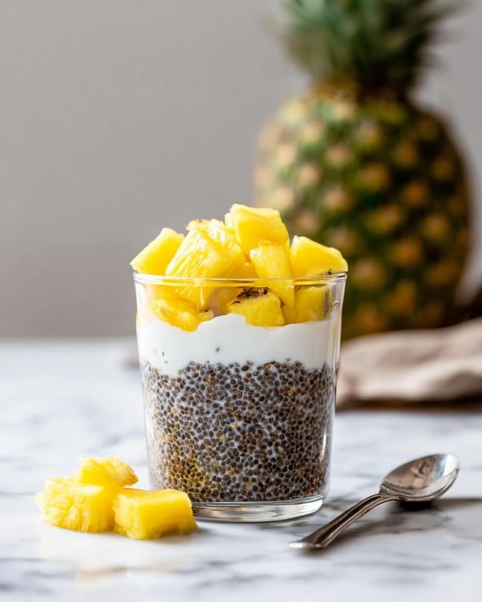 A clear glass filled with three layers sits on a white marbled surface. The bottom layer is made of small, dark chia seeds soaked in liquid, tightly packed and textured. Above that is a thin, smooth white layer of coconut cream, spreading evenly. The top layer has bright yellow, juicy pineapple chunks piled up with a slightly rough texture. Some pineapple pieces are scattered around the base on the white marbled surface. There is a silver spoon to the right of the glass. In the blurry background, a whole pineapple is visible. Photo taken with an iphone --ar 4:5 --v 7