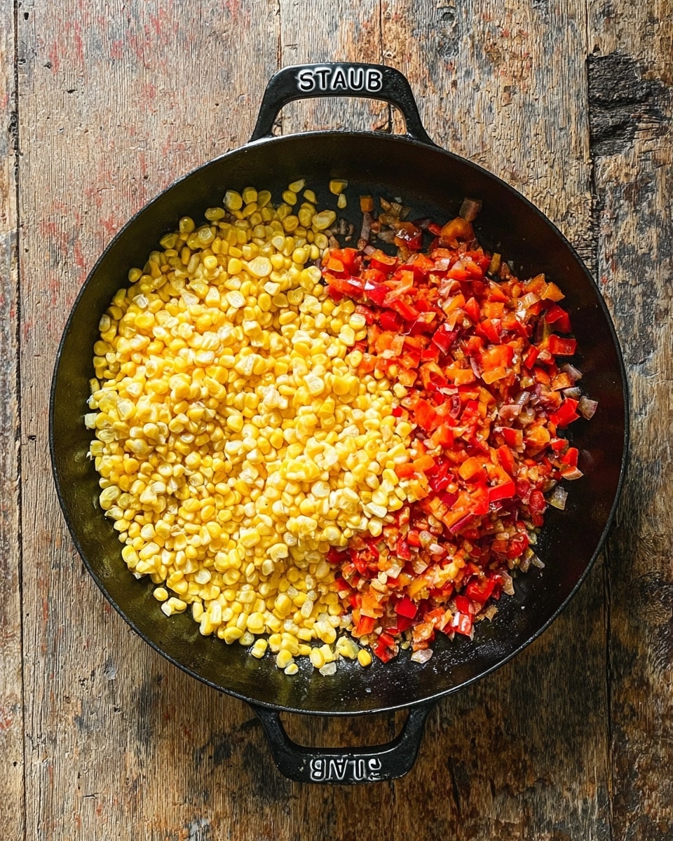 A large black cast iron pan sits on a rustic wooden surface, filled with two distinct layers of cooked ingredients. The right side is a mix of finely chopped red bell peppers and onions, showing varied soft textures and a bright red-orange color with hints of translucence. The bottom left side is covered with a thick layer of yellow corn kernels, glossy and plump, contrasting strongly with the peppers. Light steam rises gently from the ingredients, suggesting warmth. The pan handle is visible at the top and bottom with the word