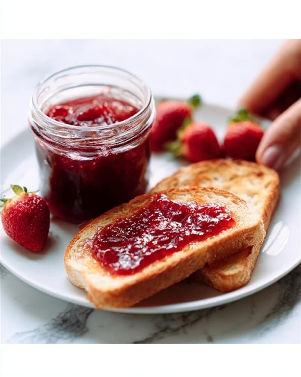 The image shows a close-up of a white plate with two slices of toasted bread, one slice spread with red jam. Next to the bread is a small glass jar filled with the same red jam, with its clear lid resting open behind it. Around the plate, several fresh strawberries are placed on a white marbled surface. A woman's hand is seen near the plate, lightly holding the edge of the toast with jam. The bread texture is crisp and golden brown, while the jam is glossy and thick, rich in red color with visible fruit pieces. Photo taken with an iphone --ar 4:5 --v 7