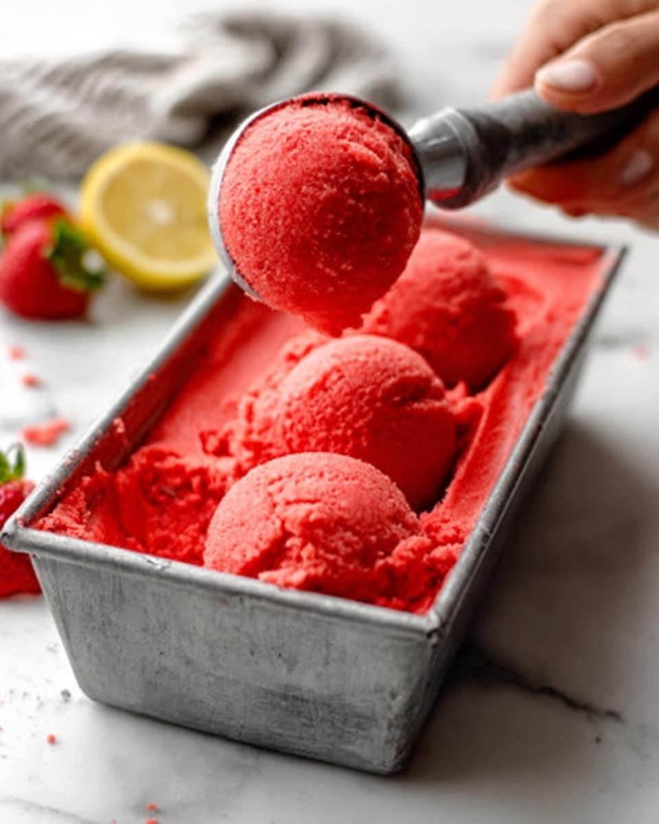 The image shows a close-up of a white bowl filled with three bright red scoops of sorbet. The sorbet has a smooth, slightly textured surface and looks cold and refreshing. The bowl sits on a white marbled surface, with part of a lemon and a blurred second bowl of sorbet visible in the background. The light is natural, making the red color of the sorbet stand out sharply. photo taken with an iphone --ar 4:5 --v 7