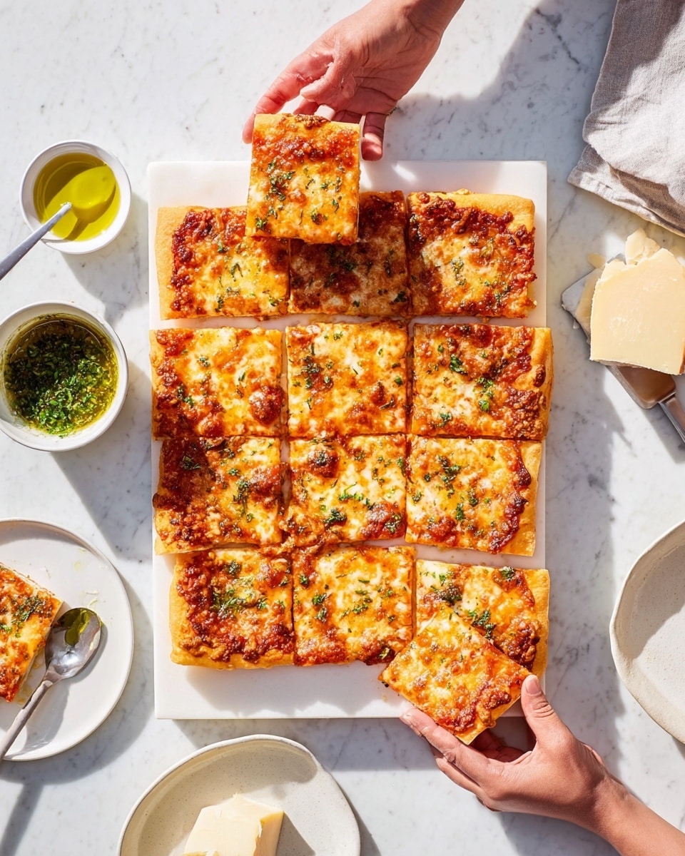 A square slice of pizza sits on a white plate with a smooth texture, placed on a white marbled surface. The pizza has a thick, slightly puffy crust with a light golden color. On top, there is a layer of melted cheese with a mix of creamy white and golden brown spots, showing some bubbling and browning from baking. Beneath the cheese, there are hints of bright red tomato sauce peeking through. In the background, a wooden board holds the remaining pizza with another slice partially pulled away, and a pizza cutter with a black handle lies next to it. photo taken with an iphone --ar 4:5 --v 7