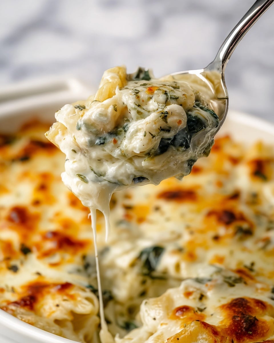 A close-up of a baked creamy pasta dish in a white ceramic baking dish, showing one thick layer of melted golden and white cheese with some browned spots on top, mixed with visible pieces of light yellow pasta and green spinach leaves beneath. The edges of the dish have a slight golden crust from baking. The baking dish is set on a wooden board with a beige knitted cloth partially visible around it, all placed on a white marbled surface. Photo taken with an iphone --ar 4:5 --v 7