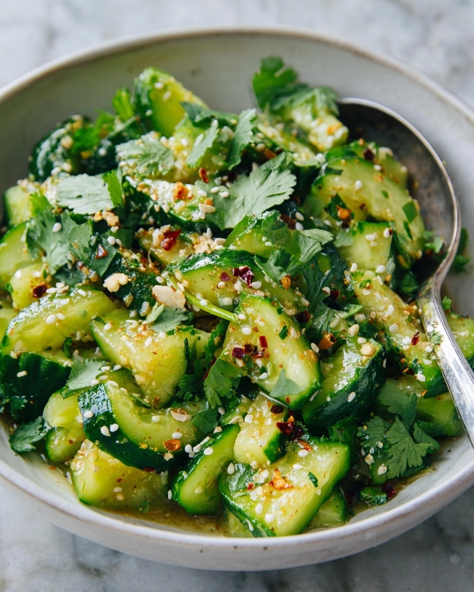 A close-up image shows a large, shiny silver knife slicing through a fresh green cucumber placed on a wooden cutting board. The cucumber is partially cut, revealing wet, pale green inside layers with a soft texture. A woman's hand is holding the cucumber steady at the edge of the frame. The wooden cutting board has visible grains and some water droplets scattered around it. The photo is clear and bright, focusing on the fresh texture of the cucumber and the sharp blade of the knife. Photo taken with an iphone --ar 4:5 --v 7