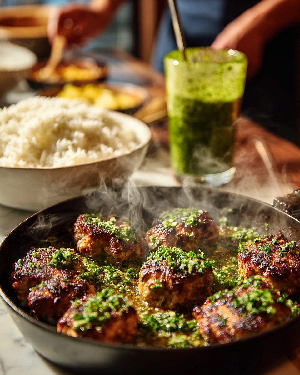 A close-up image of a black pan filled with nine pieces of browned meat topped with chopped green herbs, showcasing a crispy texture and steam rising from the hot dish. Behind the pan, there is a white bowl filled with fluffy white rice. Also visible is a tall clear glass containing a thick green sauce, with a spoon inside, and a person's hands in the background working with the sauce. The whole scene is set on a white marbled surface with warm lighting. Photo taken with an iphone --ar 4:5 --v 7