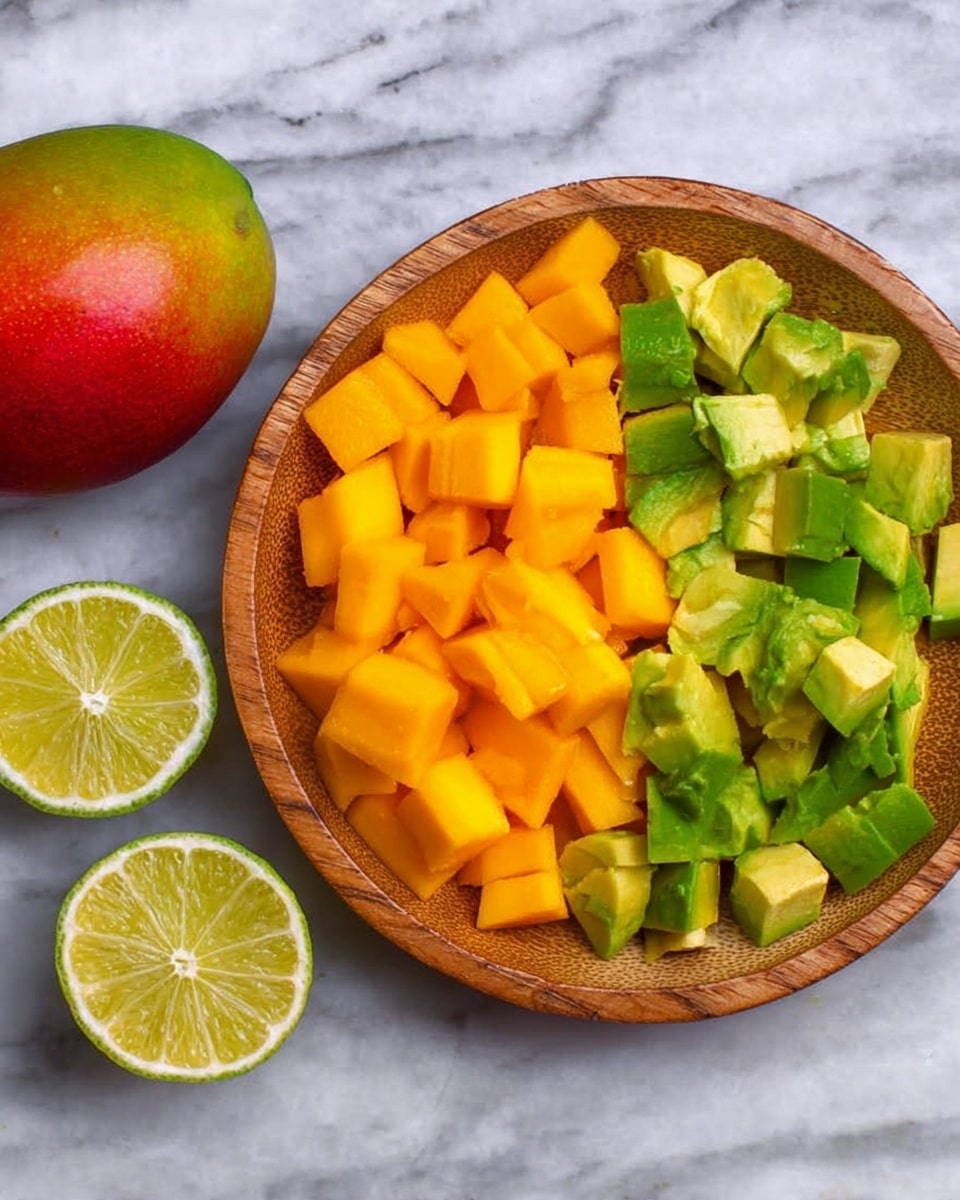 A round wooden plate holds two neat piles of diced fruit and vegetable pieces. On the left side are bright orange mango chunks with a smooth texture and sharp edges. On the right side are green avocado pieces, slightly larger, with a soft, creamy look and rougher edges. To the left of the plate, a whole mango with a gradient of red, orange, and yellow sits on a white marbled surface. To the right of the plate, two lime slices show a yellow-green interior with visible seeds and textured skin. The photo is taken with an iphone --ar 4:5 --v 7
